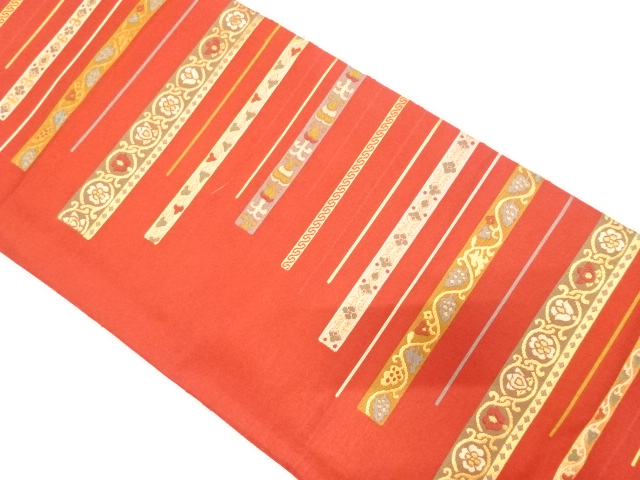 JAPANESE KIMONO / ANTIQUE FUKURO OBI / WOVEN FLORAL SARASA & STRIPE